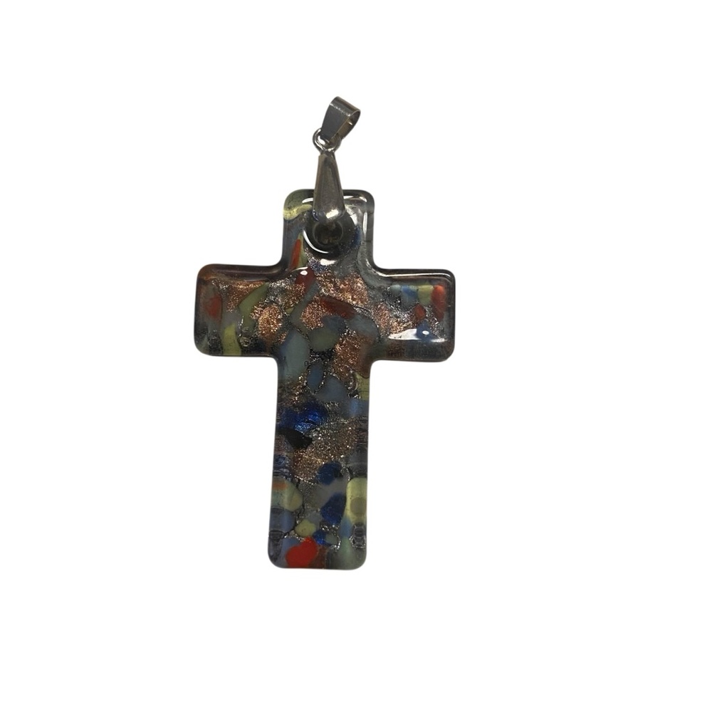 Fused Art Glass Cross Pendant Womens Jewelry Gift Artsy Religious Multicolor